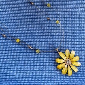 Necklace - Yellow Daisy Pendant on beaded wires.